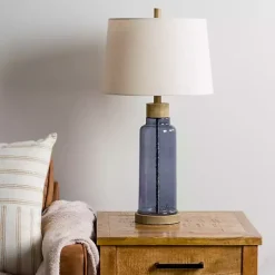 Kirklands Home Blue Glass with Wood Trim Table Lamp Ivory Online