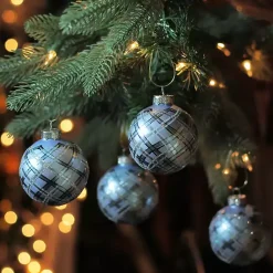 Christmas Ornaments>Kirklands Home Glitter Plaid Glass Ornaments, Set of 4 Blue