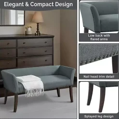 Kirklands Home Low Back Flared Nailhead Trim Bench Blue New