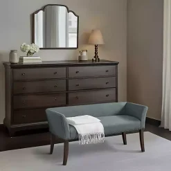 Kirklands Home Low Back Flared Nailhead Trim Bench Blue New