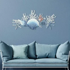 Kirklands Home Blue Metal Coral and Shell Wall Plaque New