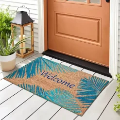 Kirklands Home Blue Palm Fronds Welcome Coir Doormat New