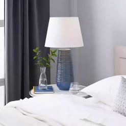 Kirklands Home Blue Ribbed Stoneware Table Lamp White New