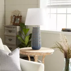 Kirklands Home Blue Ribbed Stoneware Table Lamp White New