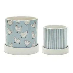 Kirklands Home Blue Striped and Chicken Decorative Pots, Set of 2 New