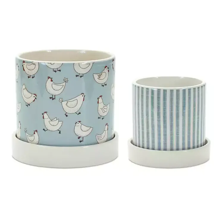 Kirklands Home Blue Striped and Chicken Decorative Pots, Set of 2 New