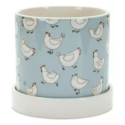 Kirklands Home Blue Striped and Chicken Decorative Pots, Set of 2 New
