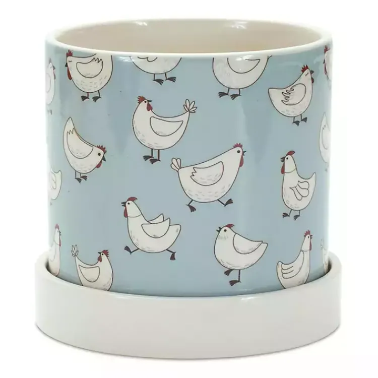 Kirklands Home Blue Striped and Chicken Decorative Pots, Set of 2 New