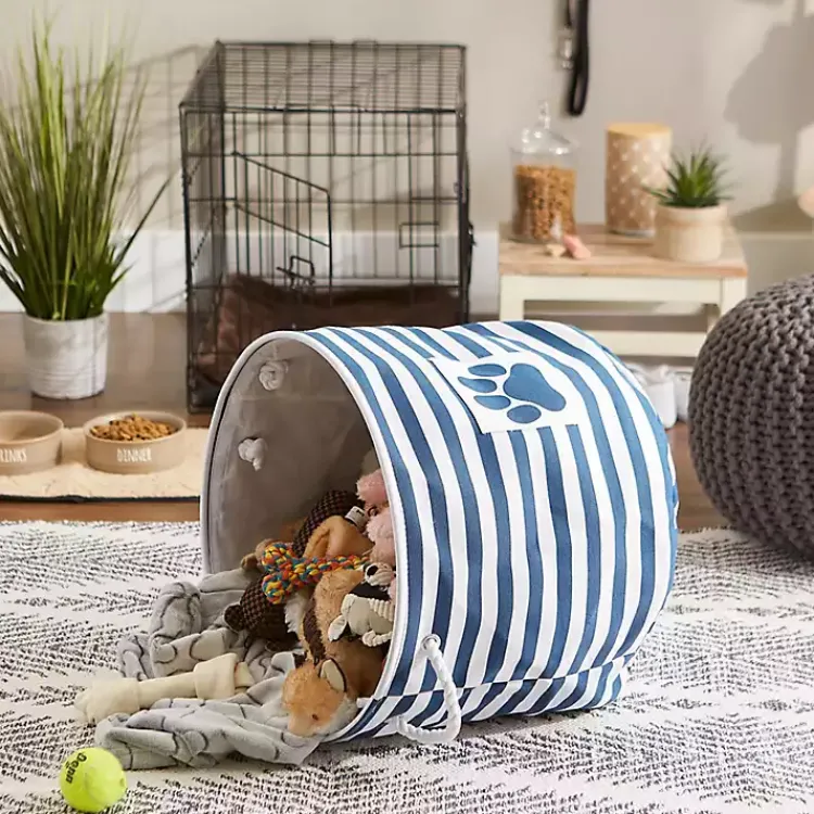 Baskets & Boxes>Kirklands Home Blue Striped Paw Large Round Pet Bin