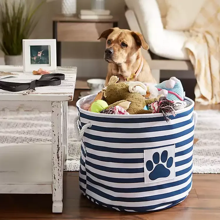 Baskets & Boxes>Kirklands Home Blue Striped Paw Large Round Pet Bin