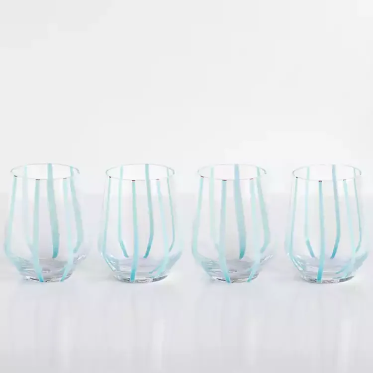 Kirklands Home Blue Striped Stemless Wine Glasses, Set of 4 Online