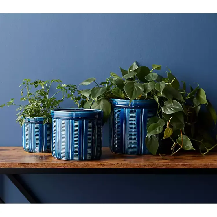 Kirklands Home Terracotta Abstract Decorative Pots, Set of 3 Blue Outlet