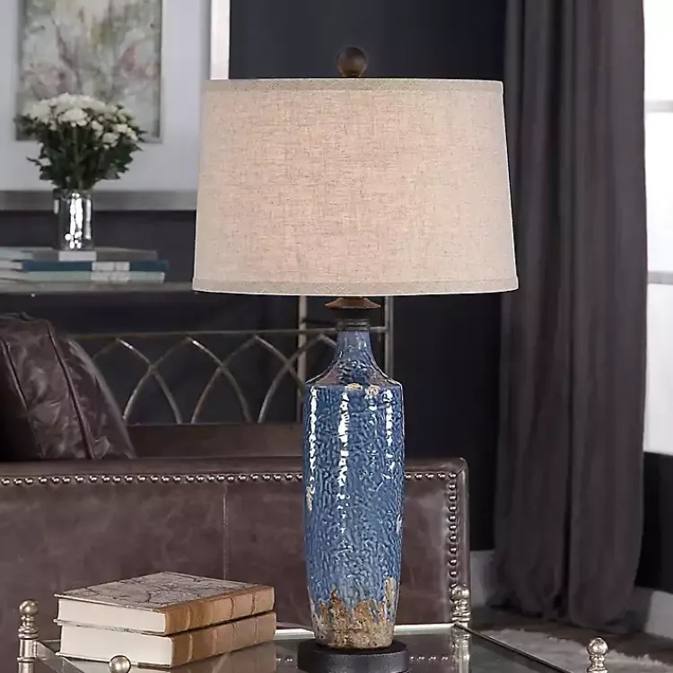 Kirklands Home Blue Textured Ceramic Table Lamp Tan New