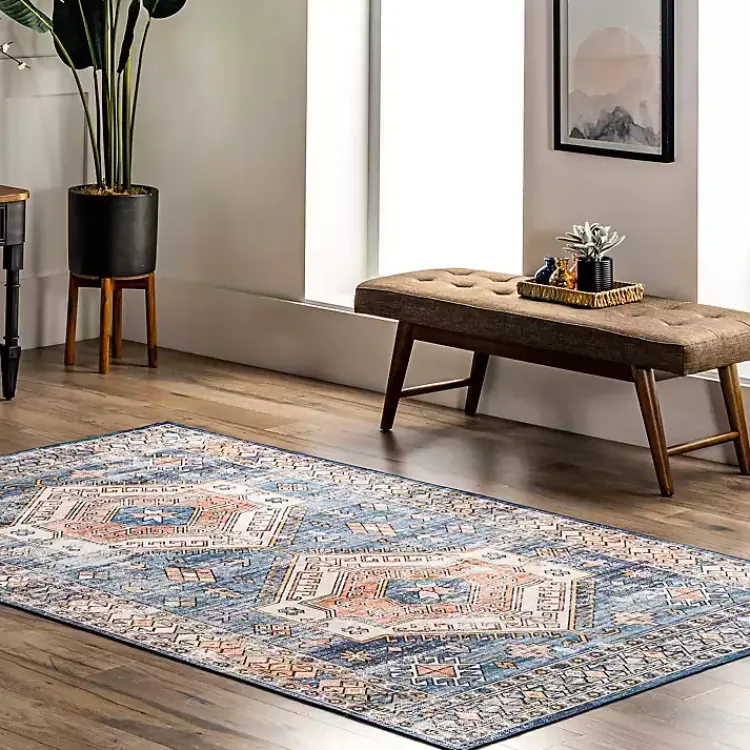 Kirklands Home Blue Tribal Motif Washable Area Rug, 5x8 Best
