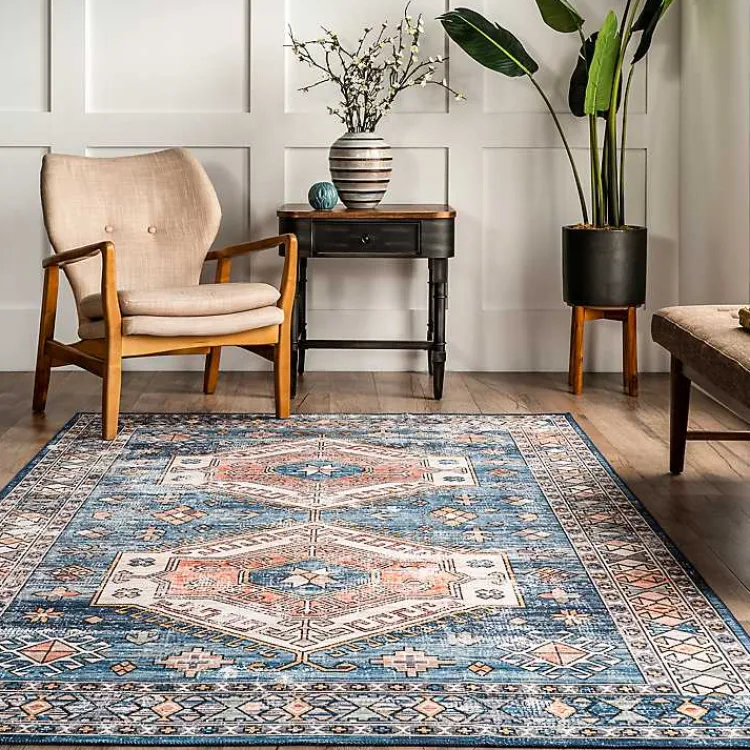 Kirklands Home Blue Tribal Motif Washable Area Rug, 5x8 Best