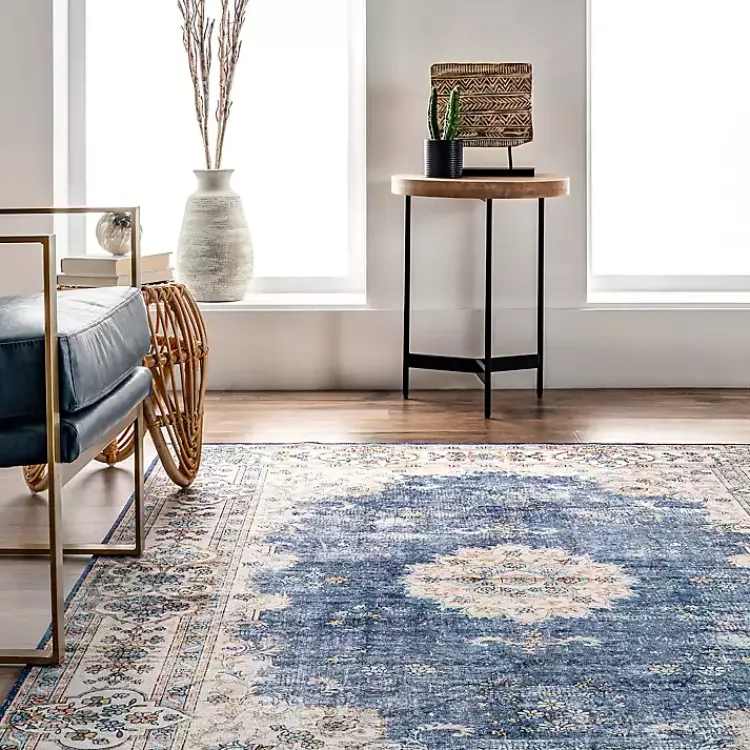Kirklands Home Vintage Floral Washable Area Rug, 5x8 Blue New