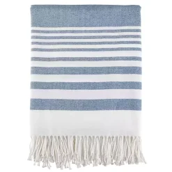 Blankets & Throws>Kirklands Home White Stripe Throw Blanket with Fringe Blue