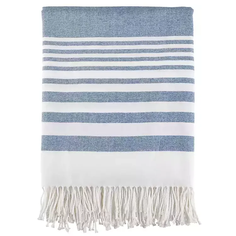 Blankets & Throws>Kirklands Home White Stripe Throw Blanket with Fringe Blue
