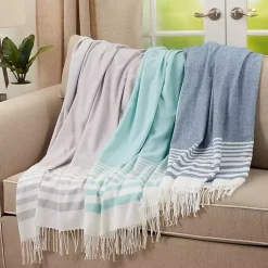 Blankets & Throws>Kirklands Home White Stripe Throw Blanket with Fringe Blue