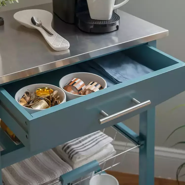 Kirklands Home Wood and Stainless Steel Kitchen Cart Blue Sale
