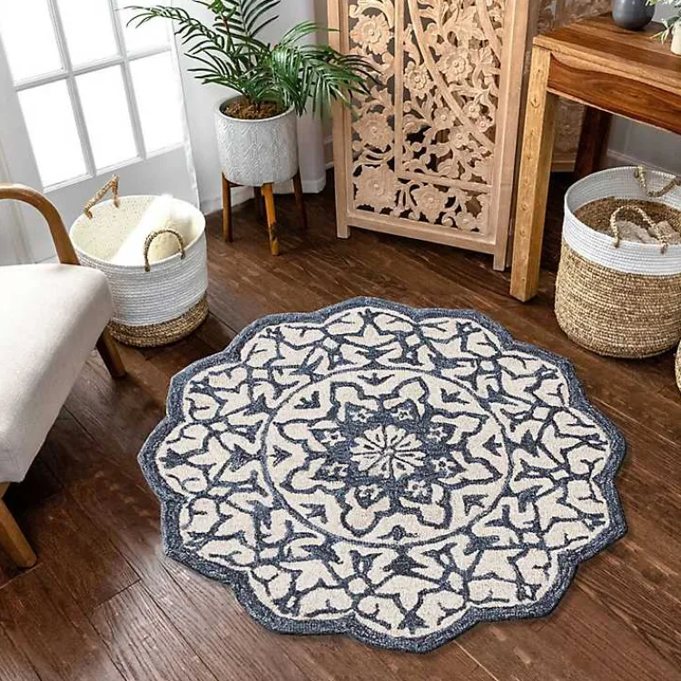 Kirklands Home Blue Wool Mosaic Medallion Round Area Rug, 3 ft. Outlet