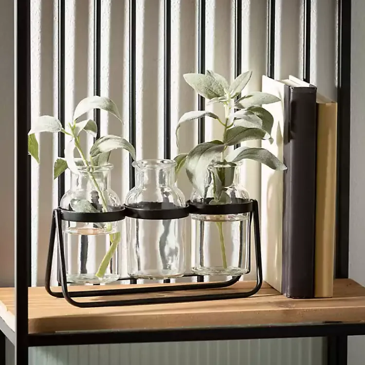 Vases>Kirklands Home Bottle Vase Trio on Metal Stand
