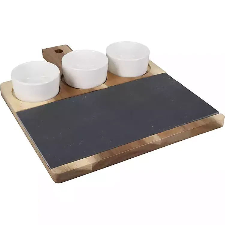 Kirklands Home 3-Bowl Slate and Wood Serving Board