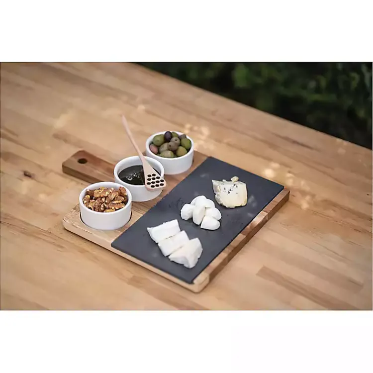 Kirklands Home 3-Bowl Slate and Wood Serving Board