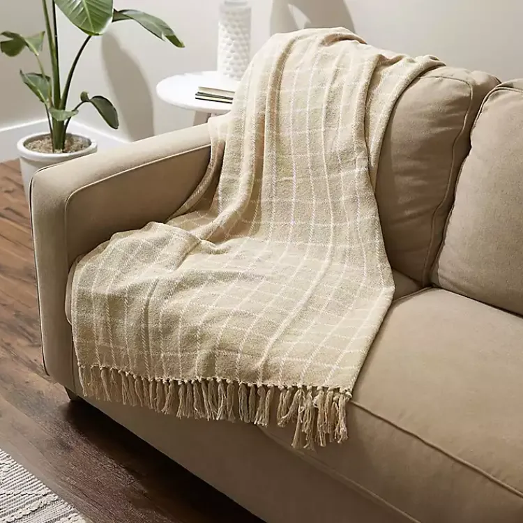 Blankets & Throws>Kirklands Home Brandy Plaid Fringed Throw Tan