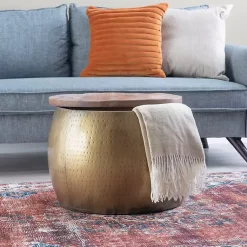 Kirklands Home Brass Hammered Drum Storage Coffee Table Brown