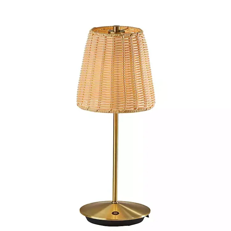 Kirklands Home Brass Metal Rattan Shade Cordless Table Lamp Gold