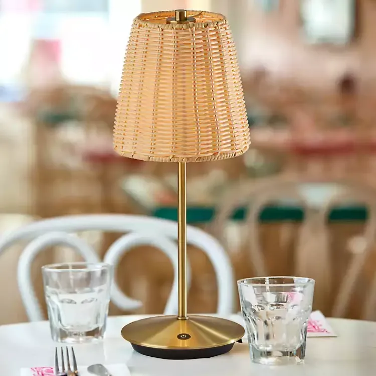 Kirklands Home Brass Metal Rattan Shade Cordless Table Lamp Gold