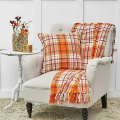 Blankets & Throws>Kirklands Home Bright Orange Harvest Plaid Throw