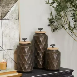Decorative Bowls & Jars>Kirklands Home Bronze Metal Lattice Grid Jars, Set of 3 Brown