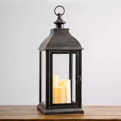 Lanterns>Kirklands Home Bronze Plastic Lantern with LED Pillar Candles Brown