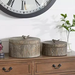Baskets & Boxes>Kirklands Home Bronze Tree Bark Round Metal Boxes, Set of 2 Brown