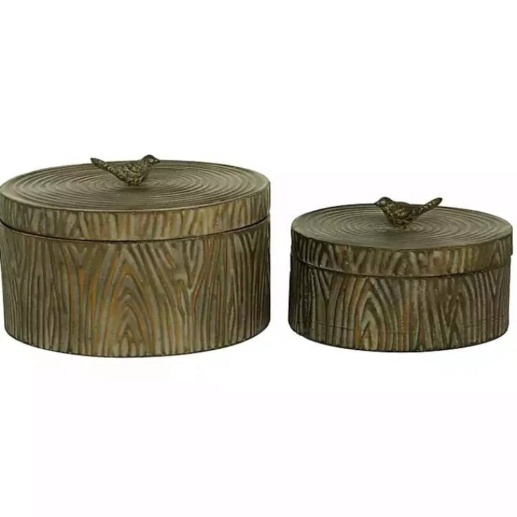Baskets & Boxes>Kirklands Home Bronze Tree Bark Round Metal Boxes, Set of 2 Brown