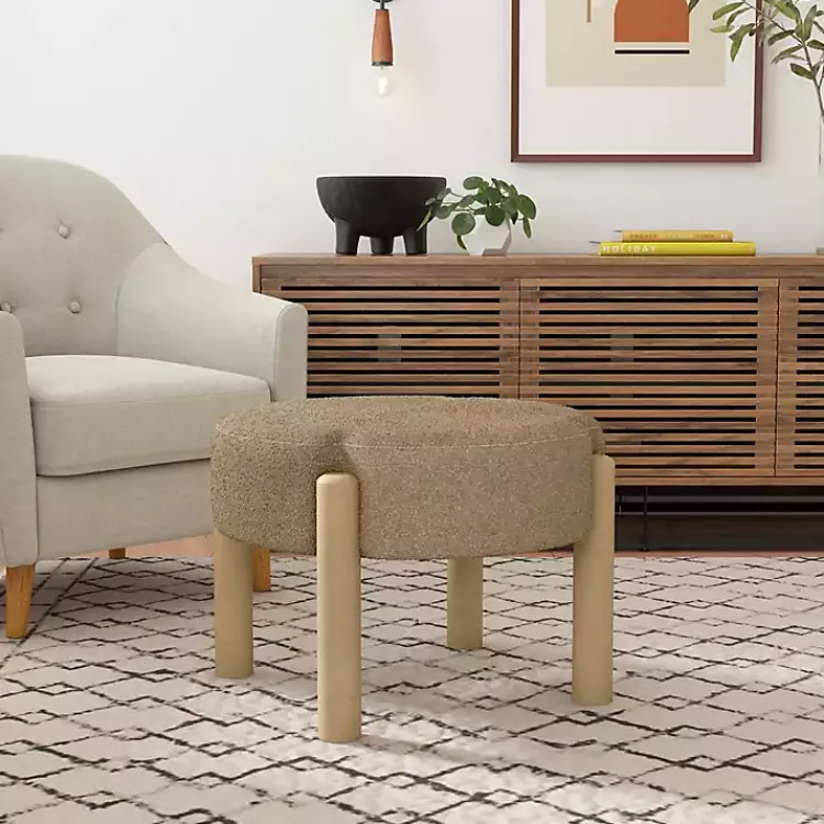 Kirklands Home Boucle Natural Wood Ottoman Brown Hot