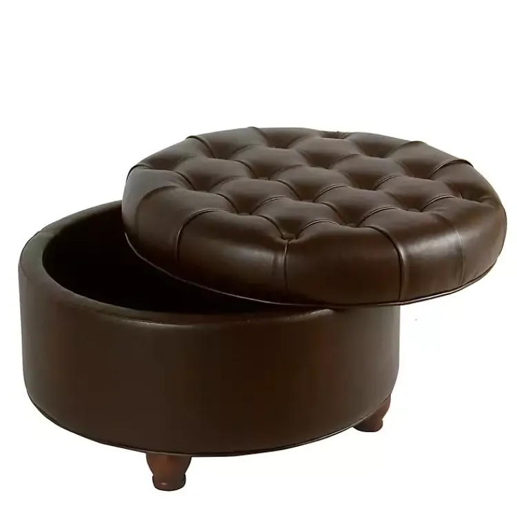 Kirklands Home Faux Leather Tufted Round Storage Ottoman Brown Online