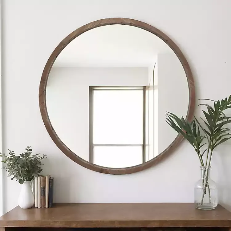 Kirklands Home Brown Fir Wood Round Wall Mirror Best