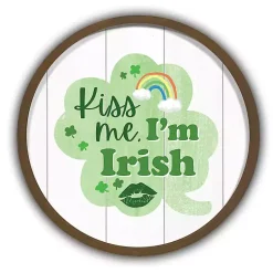 St Patricks Day Decorations>Kirklands Home Kiss Me I'm Irish Round Framed Art Print Brown