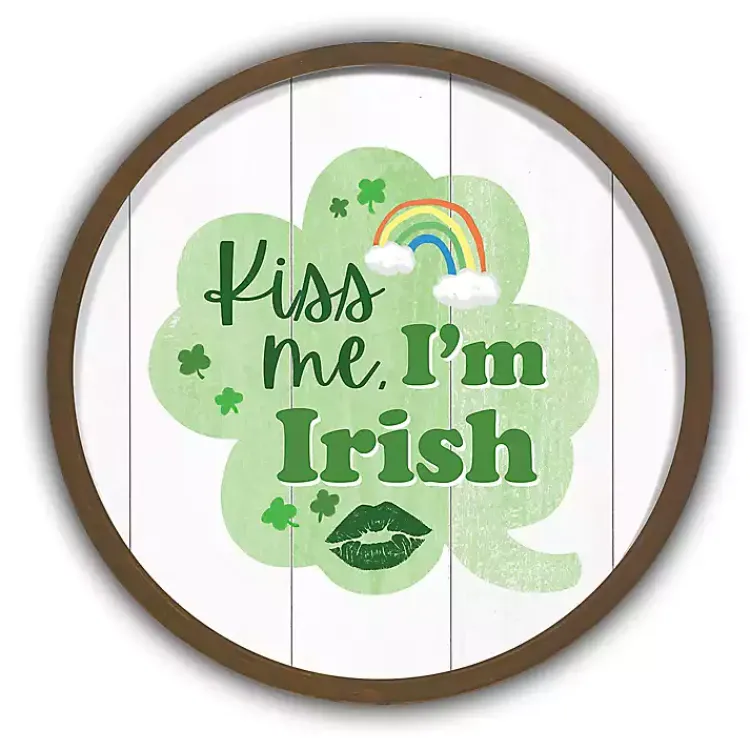 St Patricks Day Decorations>Kirklands Home Kiss Me I'm Irish Round Framed Art Print Brown