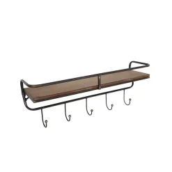 Kirklands Home Brown Metal Frame Wood Wall Shelf with Hooks Clearance