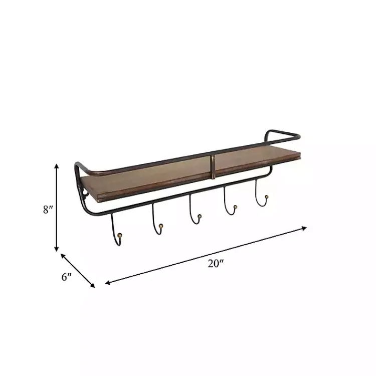 Kirklands Home Brown Metal Frame Wood Wall Shelf with Hooks Clearance