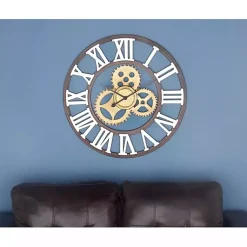 Kirklands Home Brown Metal Open Face Gold Gears Wall Clock New