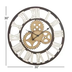 Kirklands Home Brown Metal Open Face Gold Gears Wall Clock New