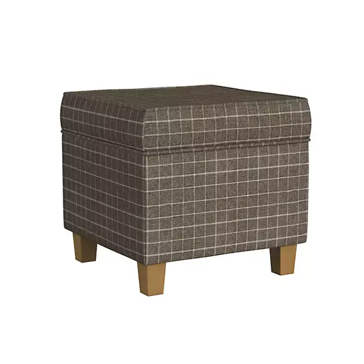 Kirklands Home Plaid Upholstered Square Storage Ottoman Brown Clearance