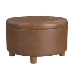 Kirklands Home Round Faux Leather Tufted Storage Ottoman Brown New