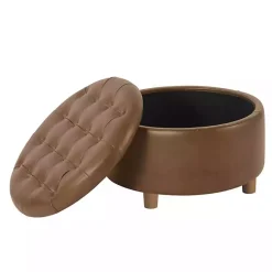 Kirklands Home Round Faux Leather Tufted Storage Ottoman Brown New