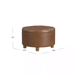 Kirklands Home Round Faux Leather Tufted Storage Ottoman Brown New